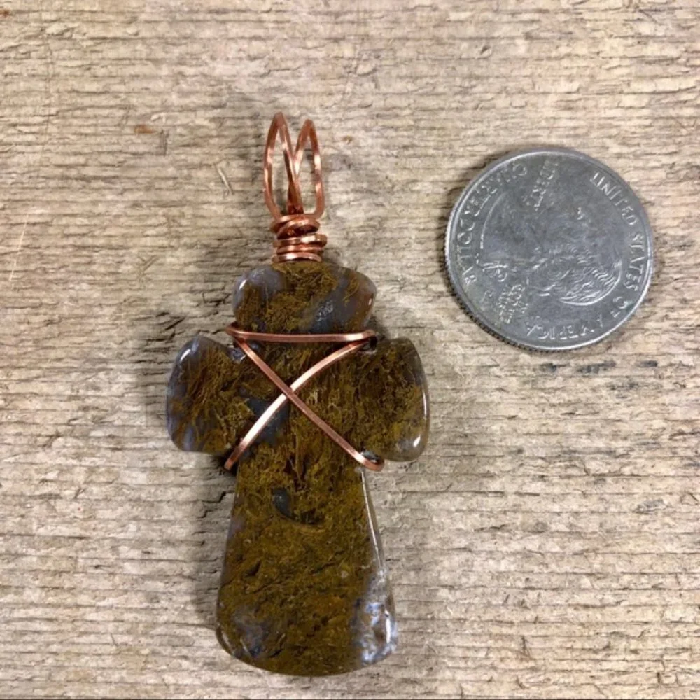 Fossilized Moss Agate Cross Necklace Pendant